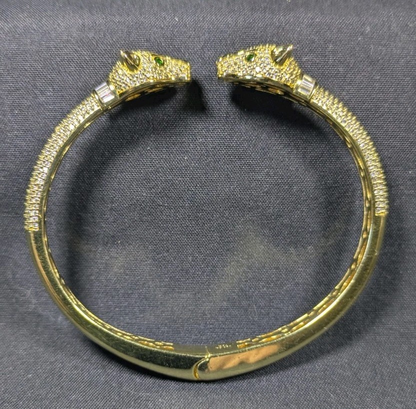 FZN 925 Gold Played Sterling CZ Panther Hinged Bangle Bracelet 6 3/4″ Green Eyes