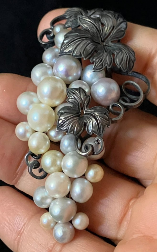 Vintage Sterling Silver Pearl Brooch 27 Multicolor Grape Vine Cluster 20g Tested