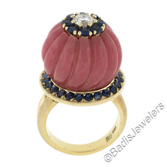 Gold Carved Rose Quartz 1.52ctw Sapphire & Diamond Flower High Profile Ring