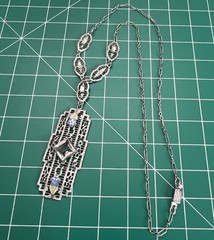 Antique Art Deco Rhodium Plated Filigree French Paste Flower Enamel Necklace
