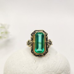 925 silver created emerald ring vintage antique Handmade Size 7