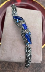 Vintage Art Deco Bracelet Blue Czech Glass Cabs Pot Metal 7.25″