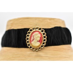 Vintage Cameo Choker Necklace Pendant Black Ribbon Fabric Gold NOS 1990s A23