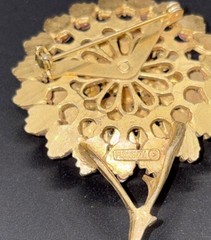 Florenza Brooch Pin Missing One Coral and One Green Rhinestone Vintage Jewelry