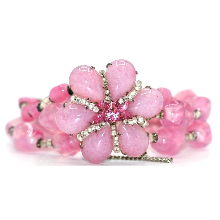 Vintage Signed Miriam Haskell Pink Art Glass 3 Strand Floral Bracelet
