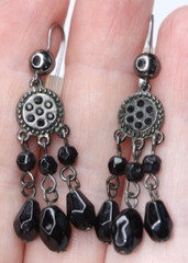 Silver Tone Black Dangle Drop Glass Bead Chandelier Pierced Earrings