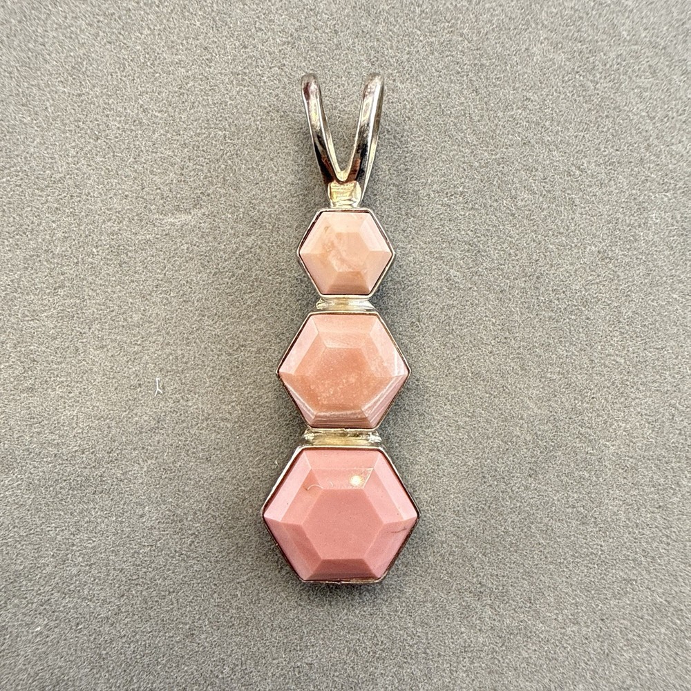 Jay King Pendant Pink Triple Stone Hexagon Carved Geometric Sterling Silver 925