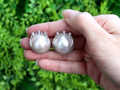 Vintage Art Deco Style Mabe Pearl & Diamond 9k White Gold Earrings