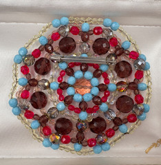 HUGE ROSETTE VINTAGE BROOCH HAND-WIRED GLASS BEADS 4″ COLORFUL ATTRACTIVE FLOWER
