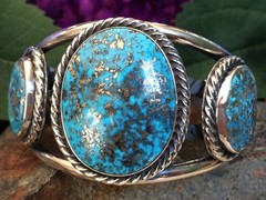 90 GRAM TURQUOISE W/ PYRITE STERLING SILVER SOUTHWESTERN NAVAJO STYLE BRACELET