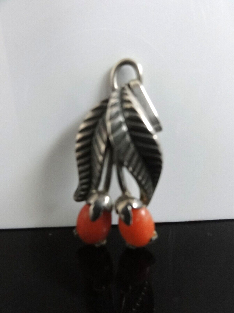 Beautiful Antique Genuine Coral Cherries 835 Silver Designer TEKA Signed Pendant
