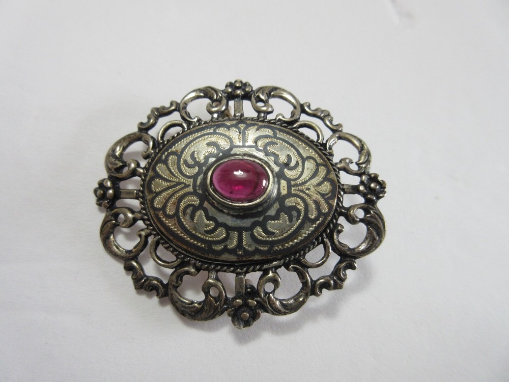 Vintage 900 Silver &Pink Stone Niello Brooch Pin ~ 14.5 grams
