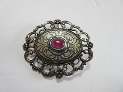 Vintage 900 Silver &Pink Stone Niello Brooch Pin ~ 14.5 grams