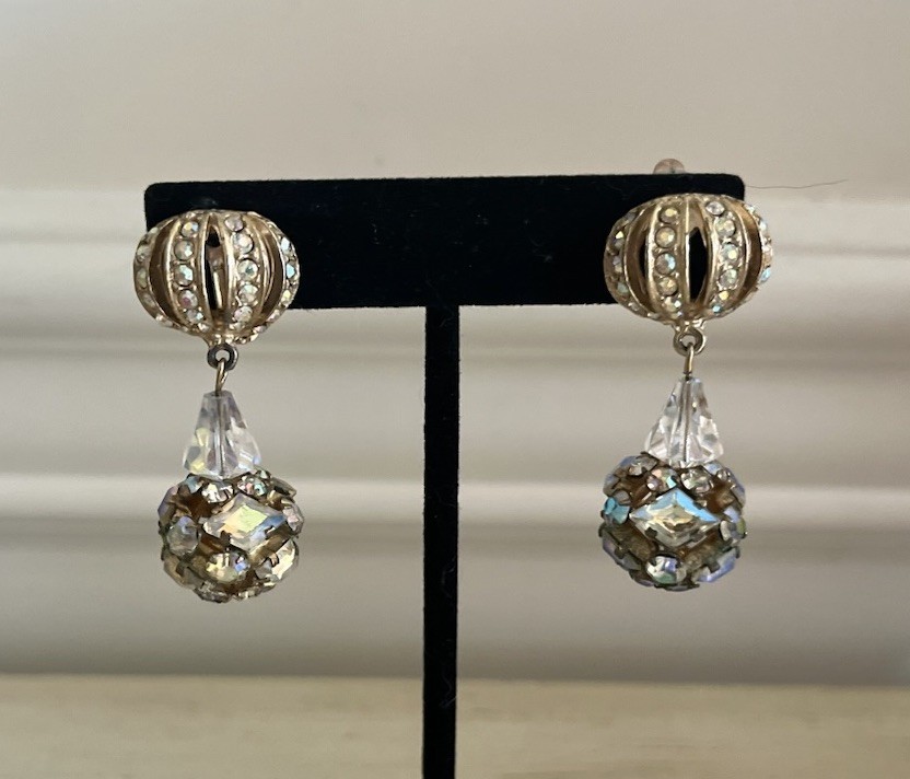 Vintage Aurora Borealis Crown Cage Ball Drop Gold Chandelier Clip On Earrings