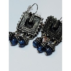 Ben-Amun Blue Glass Cabochon Rhinestone Dangle Earrings Antique Silver Tone 2″