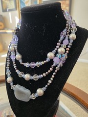 Vintage Tripple strand Purple Stone Pearl Glass Bead Necklace