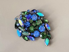 Vintage Signed KRAMER Blue & Green Spray Brooch & Earring Set, Gunmetal Set