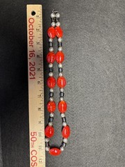 An Amberina Glass Bead 20” Necklace Matching Earrings Silver Tone Metal Spacers