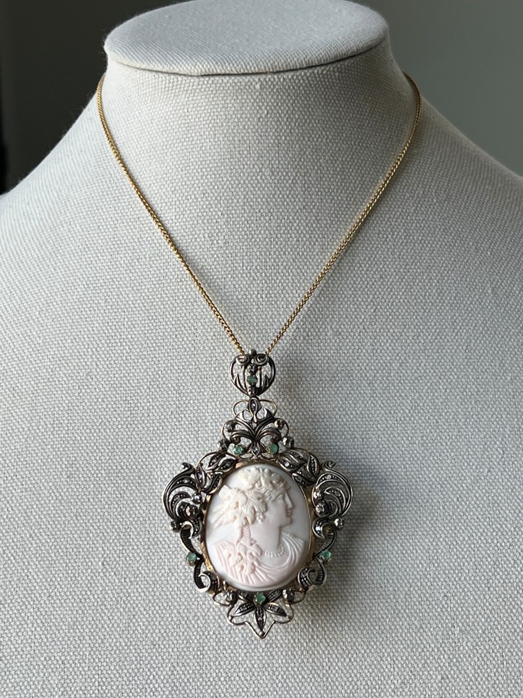 Victorian Portuguese 19k Gold Sterling Silver Emerald Coral Cameo Bacchante Broo
