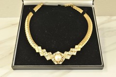 Vintage Christian Dior Pearl Crystal Collar Necklace Signed C Dior 1980s Choker
