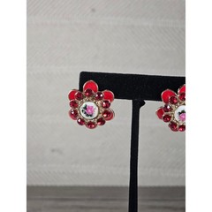 Vintage Red Floral Stud Earrings Rhinestone Rose Enamel Gold Tone