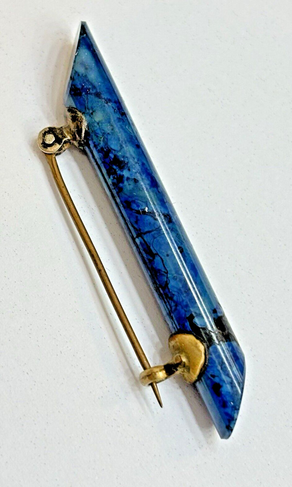 STUNNING Victorian blue banded unknown stone glass tube bar pin brooch brass “C”