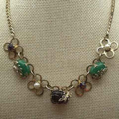 Vintage 1950s MCM Art Glass Floral Necklace Green Pink Cabochon 16.5″