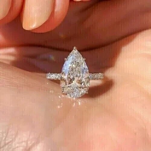 3.50Ct Pear Cut Lab-Created Diamond Anniversary Wedding 14K White Gold FN Ring