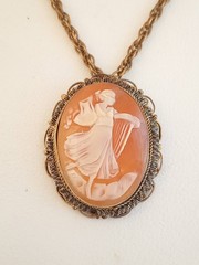 Vintage antique carved shell cameo pendant necklace gold filled harp goddess