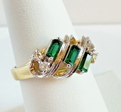 Vintage 14KT GE Emerald-Green Baguette & Clear Stone Cluster Ring Size 7 NOS