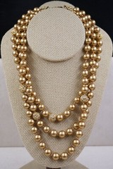 Vtg Signed CA MONOGRAM Three Strand GOLD TONE FAUX PEARL (9.5mm) Necklace 18”