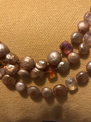 Vintage 1950s Triple Strand Hand Knotted Champagne Faux Pearl Necklace Amber