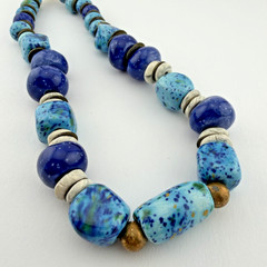 Vintage Chunky Artisan Blue Glazed Ceramic Bead Statement Necklace