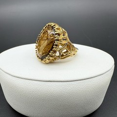 18K HGE Gold Tone Oval Faceted Brown Smoky Quartz Ornate Cocktail Ring Sz 4.75