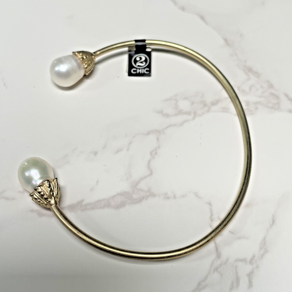 2 Chic Gold Tone Cuff Bracelet 2 Headed with Genuine Pearls NEW