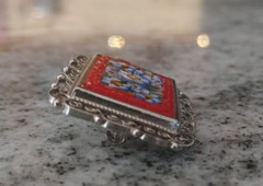 Vintage Italian Micro Mosaic brooch pin in red, blue, green, white and yellow