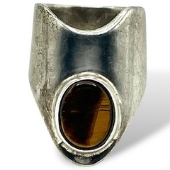 Vintage Sterling Silver Modernist Bezel Set TIGERS EYE Pinkie Ring 4.50 EUC