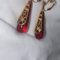 Avon Vintage Clip-On Red Lucite Drop Goldtone Filigree Dangly