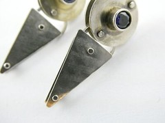 Vintage IC Signed Handmade Sterling Silver Iolite Modernist Earrings 925 1.25 In
