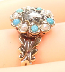 Victorian Art Deco Diamond Engagement Pearl Turquoise 14KY Ring Size 11.75 UK-X
