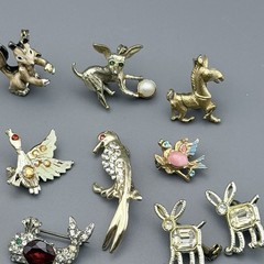 Vintage Tiny Animal Brooch Lot Of 17 Rhinestones Horses Whales Elephant Birds