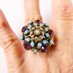 Vintage Rhinestone Cocktail Ring Adjustable Size 6 Faux Turquoise Amethyst Retro