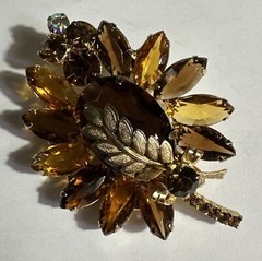 JULIANA Brooch D&E Book Piece Orange & Root Beer Rhinestones Gold Leaves Vintage