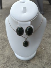 VINTAGE Sterling 925 Necklace Earrings Set Signed JJJ CHALCEDONY ? HEAVY A7