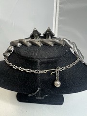Vintage Smoky Gray Thermoset Silver Tone Necklace Bracelet Earrings Parure Set