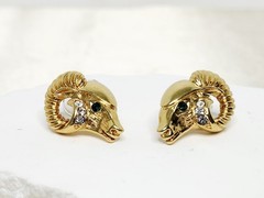 Pair KJL For Avon Gold Tone Green Eyed Ram Head Post Earrings