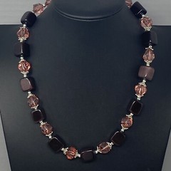 Glass Bead Necklace Mauve Square Cube Acrylic Faceted Spacer Silver Tone Caps 21