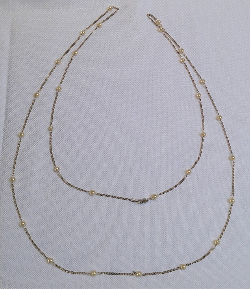 Vintage Single Strand Gold Tone & Pearl Station Bead Long Chain Necklace 56 in