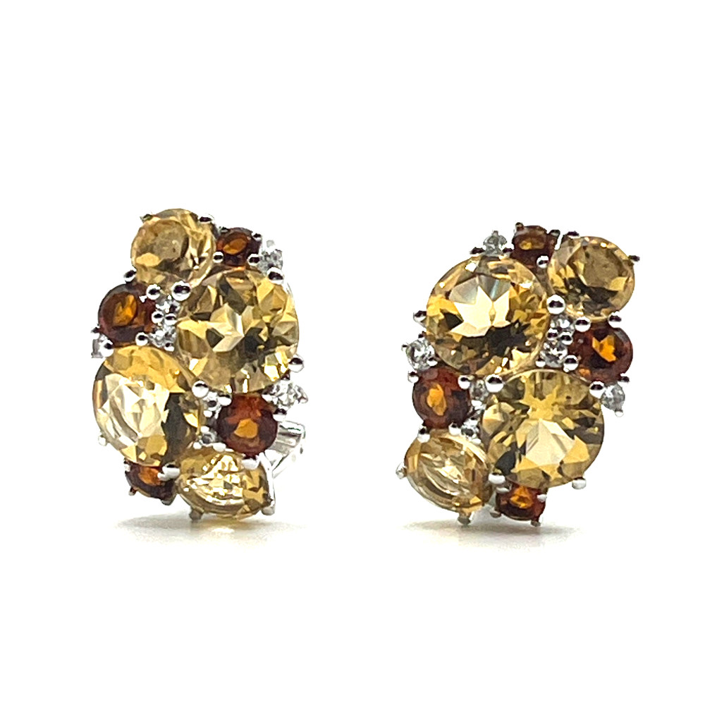 EA Earrings Huggie 0.5″ Citrine Quartz Prong Set Omega Back Cluster Sterling 925