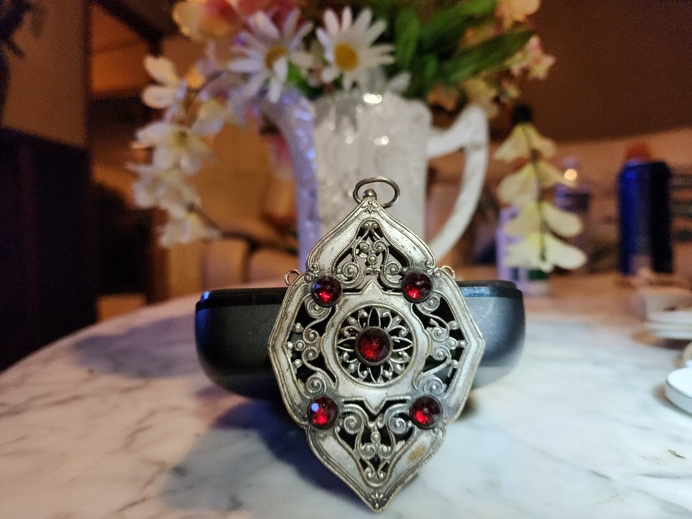 Antique Victorian Filigree Vinaigrette Chatelaine Pendant Red Stones Grille
